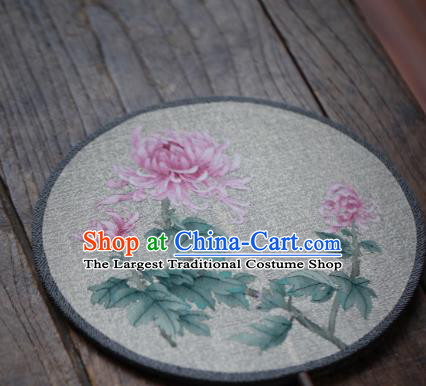 Chinese Handmade Kesi Chrysanthemum Painting Pattern Silk Fan Traditional Hanfu Palace Fan Ancient Princess Circular Fans