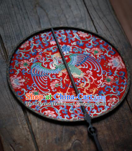 China Handmade Embroidered Phoenix Circular Fan Classical Red Silk Palace Fan Traditional Wedding Hanfu Fan