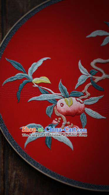 China Traditional Wedding Hanfu Fan Handmade Embroidered Peach Circular Fan Classical Red Silk Palace Fan