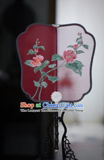China Handmade Embroidered Hibiscus Fan Classical Red Silk Palace Fan Traditional Ming Dynasty Hanfu Fan