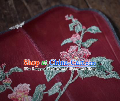 China Handmade Embroidered Hibiscus Fan Classical Red Silk Palace Fan Traditional Ming Dynasty Hanfu Fan