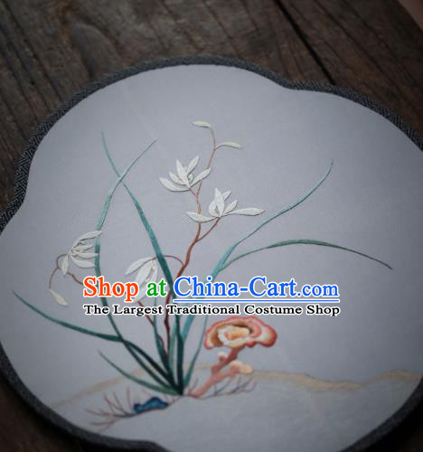 China Traditional Song Dynasty Hanfu Fan Handmade Embroidered Orchids Fan Classical Silk Palace Fan