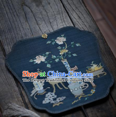 Chinese Ancient Princess Hanfu Fans Handmade Kesi Peony Vase Painting Pattern Navy Silk Fan Traditional Palace Fan