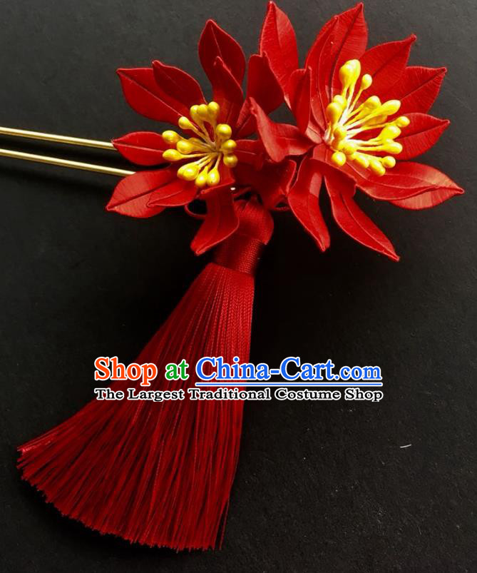 China Handmade Red Silk Flowers Hairpin Traditional Cheongsam Hair Accessories Ancient Bride Tassel Hair Stick