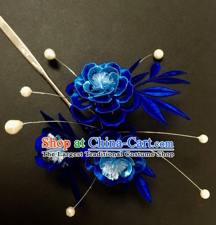 China Handmade Royalblue Silk Peony Hairpin Traditional Qing Dynasty Hair Accessories Ancient Imperial Concubine Hair Clip