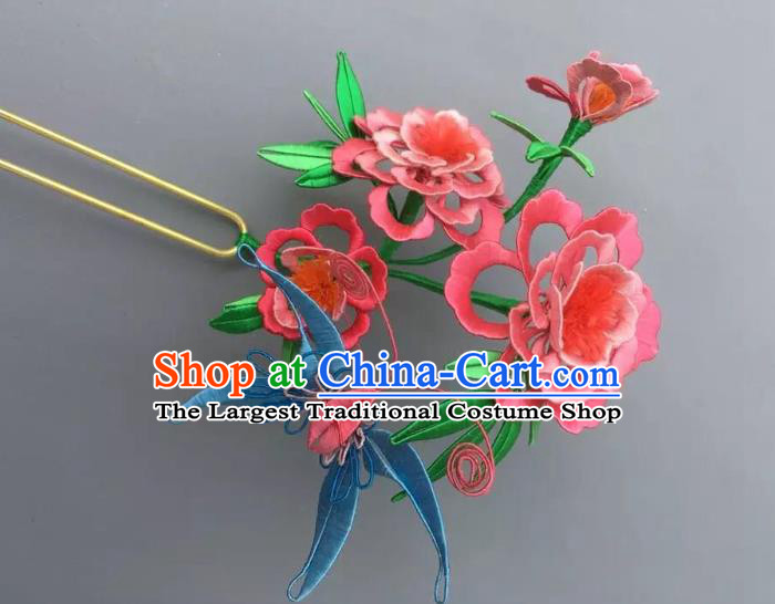 China Handmade Pink Silk Peony Butterfly Hairpin Traditional Qing Dynasty Hair Accessories Ancient Manchu Princess Hair Clip