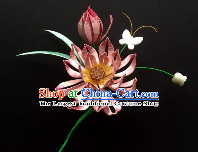 China Handmade Pink Silk Lotus Hairpin Traditional Hair Accessories Ancient Palace Princess Hair Stick