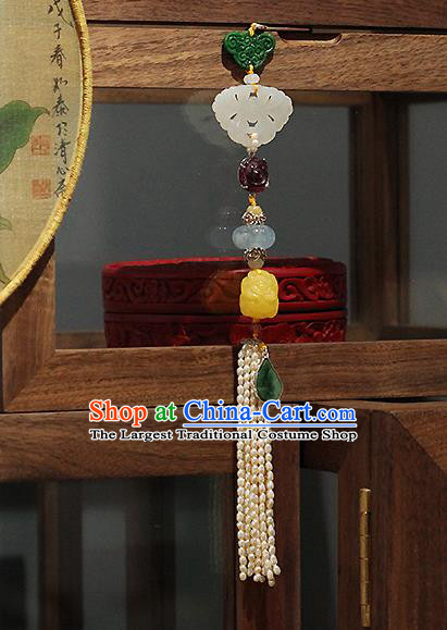 Chinese Traditional Pearls Tassel Pendant Ancient Qing Dynasty Court Woman Jade Brooch Accessories