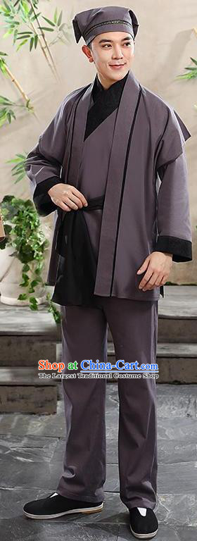 China Ming Dynasty Farmer Garment Ancient Drama Clothing Waiter Civilian Male Stage Performance Grey Suits and Headwear