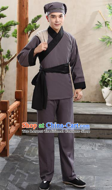 China Ming Dynasty Farmer Garment Ancient Drama Clothing Waiter Civilian Male Stage Performance Grey Suits and Headwear