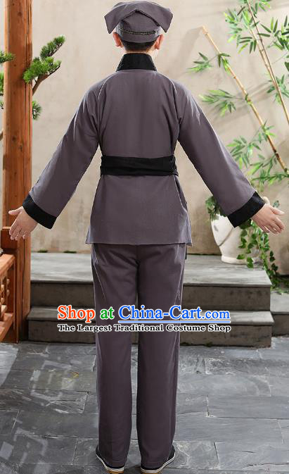 China Ming Dynasty Farmer Garment Ancient Drama Clothing Waiter Civilian Male Stage Performance Grey Suits and Headwear