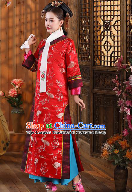 China Traditional Qing Dynasty Queen Garment Costumes Ancient Empress Red Dress Clothing and Headwear