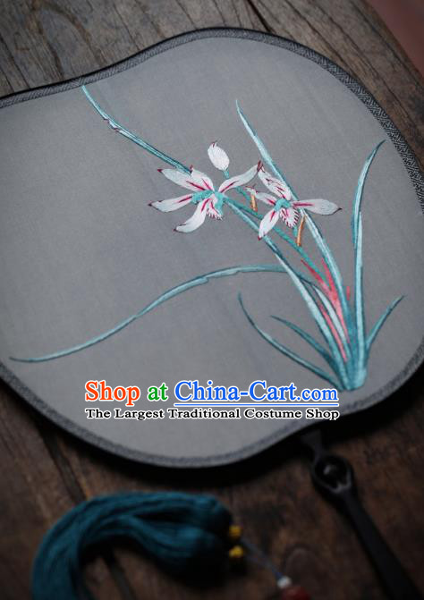 China Traditional Song Dynasty Hanfu Fan Handmade Embroidered Orchids Silk Fan Classical Palace Fan