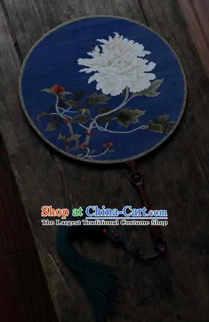 Chinese Traditional Palace Fan Ancient Hanfu Fans Handmade Kesi Peony Painting Blue Silk Circular Fan