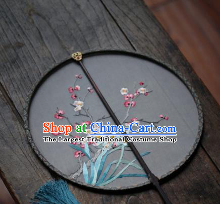 China Handmade Embroidered Plum Daffodil Fan Classical Silk Palace Fan Traditional Song Dynasty Hanfu Circular Fan