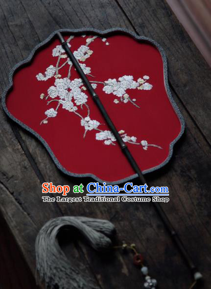 China Classical Red Silk Palace Fan Traditional Hanfu Fan Handmade Embroidered Apricot Blossom Fan