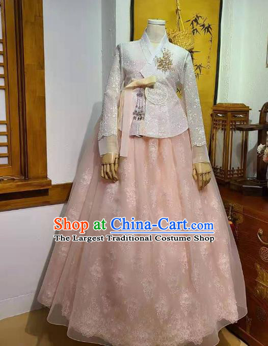 Korean Bride White Blouse and Pink Dress Garments Asian Korea Traditional Fashion Wedding Hanbok Clothing