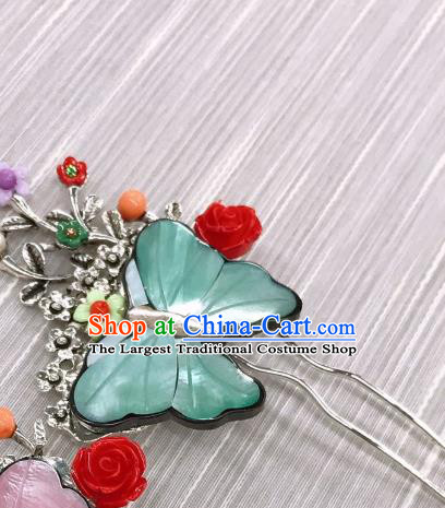 Korean Bride Green Butterfly Hairpin Traditional Wedding Hair Accessories Korea Stage Performance Hair Stick