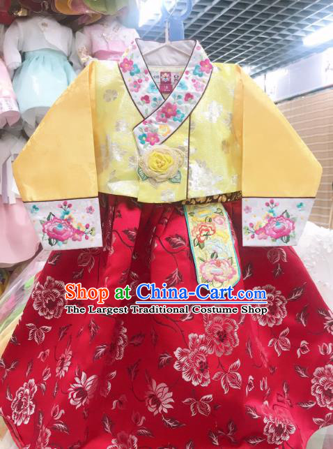 Asian Korean Children Princess Birthday Hanbok Clothing Girl Yellow Blouse and Red Dress Korea Traditional Garments Fashion
