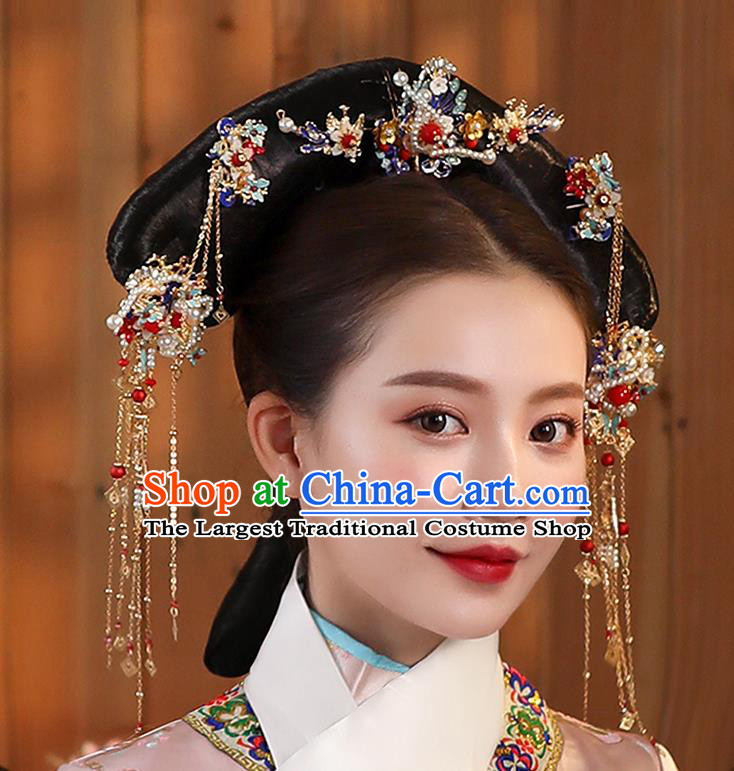 Chinese Ancient Imperial Concubine Headdress Traditional Qing Dynasty Manchu Woman Wigs and Hair Accessories