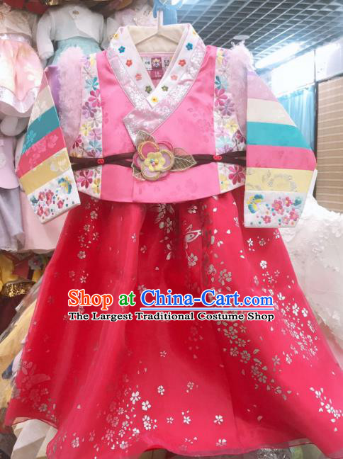 Asian Korean Hanbok Clothing Korea Children Pink Vest Blouse and Rosy Dress Traditional New Year Garments Fashion