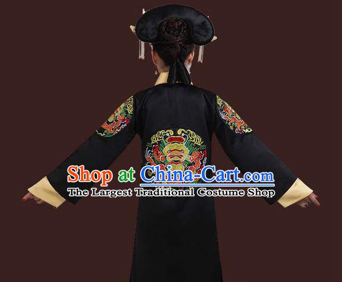 China Ancient Queen Black Dress Garments Traditional Qing Dynasty Empress Fu Cha Historical Clothing and Headdress Full Set