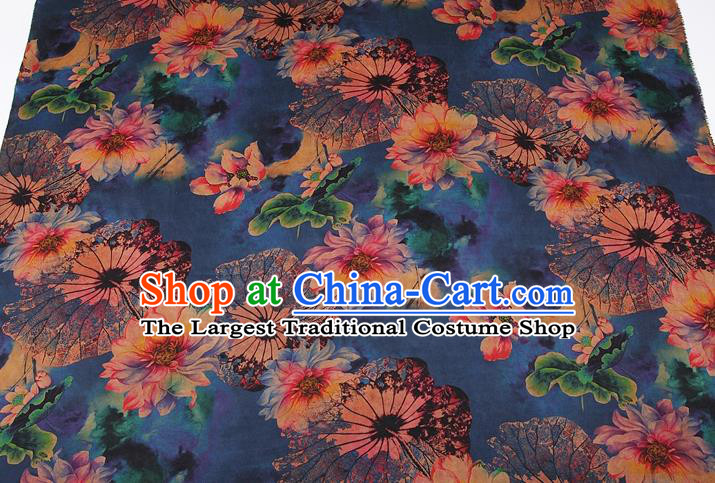 China Traditional Printing Flowers Blue Satin Drapery Silk Fabric Classical Cheongsam Gambiered Guangdong Gauze