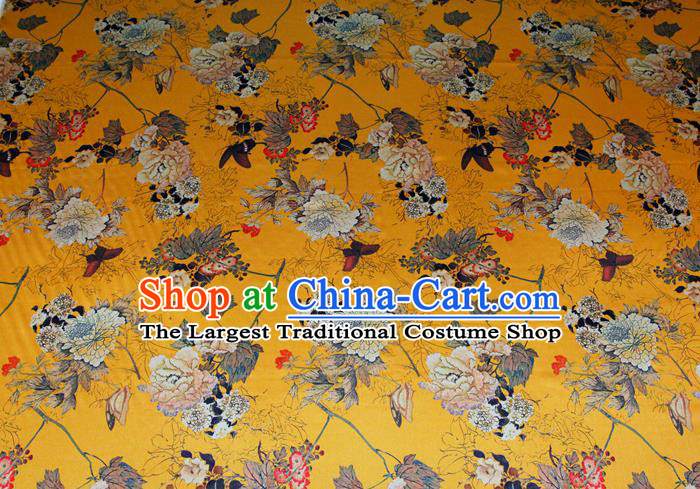 China Classical Cheongsam Printing Peony Yellow Satin Drapery Traditional Brocade Silk Fabric