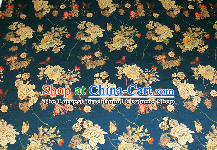 China Traditional Brocade Silk Fabric Classical Cheongsam Printing Peony Peacock Blue Satin Drapery