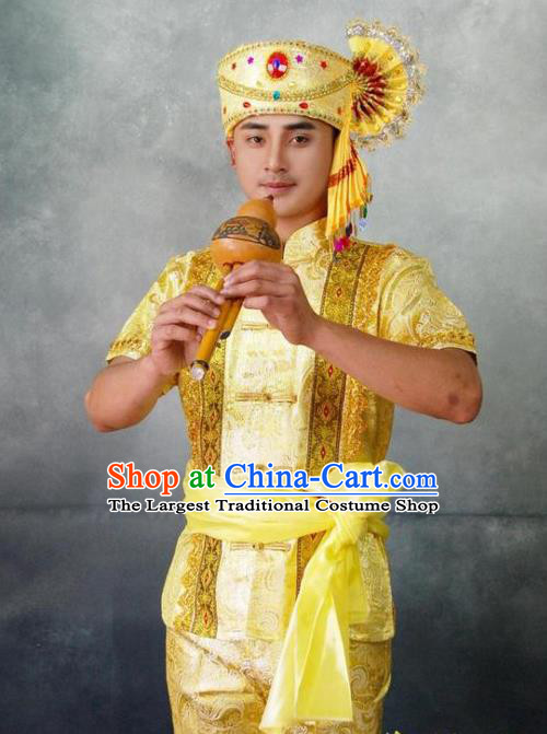 Chinese Traditional Ethnic Folk Dance Golden Costumes Asian Dai Nationality Stage Performance Clothing