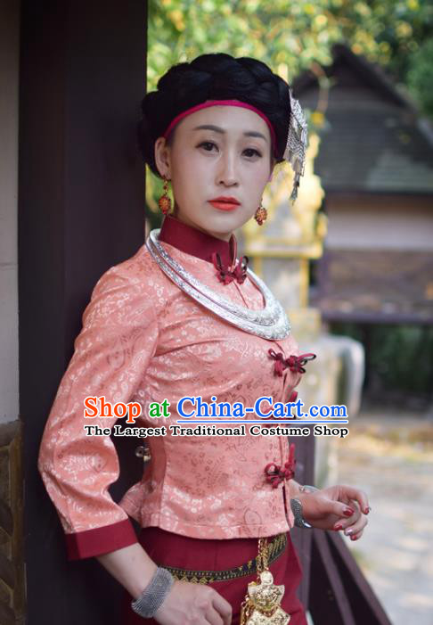 China Dai Nationality Minority Stage Performance Clothing Yunnan Ethnic Folk Dance Pink Blouse and Wine Red Skirt Uniforms