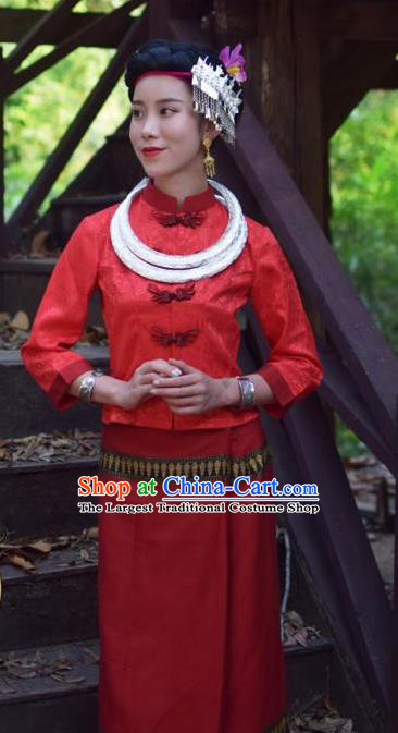China Dai Nationality Minority Bride Clothing Yunnan Ethnic Wedding Red Blouse and Skirt Uniforms