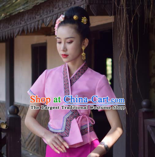 China Dai Nationality Water Sprinkling Festival Clothing Yunnan Ethnic Folk Dance Pink Blouse and Rosy Skirt Uniforms