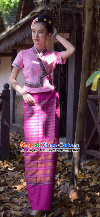 China Dai Nationality Water Sprinkling Festival Clothing Yunnan Ethnic Folk Dance Pink Blouse and Rosy Skirt Uniforms