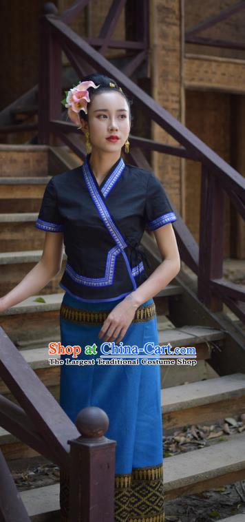 China Dai Nationality Clothing Yunnan Ethnic Water Sprinkling Festival Navy Blouse and Blue Skirt Uniforms