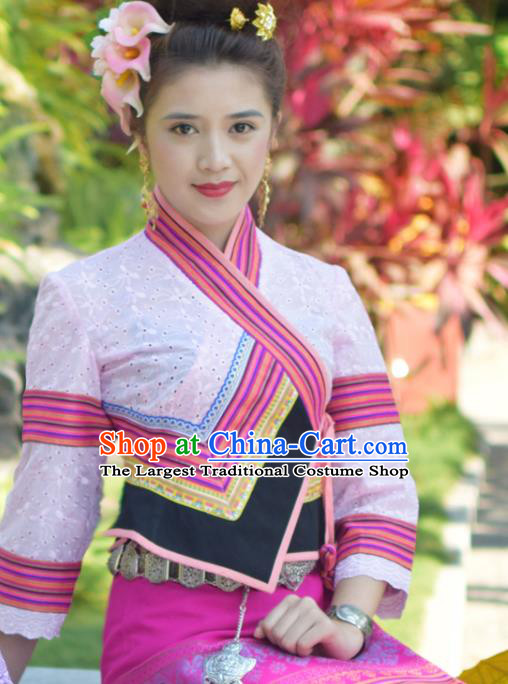 China Yunnan Ethnic Dance Pink Blouse and Rosy Skirt Uniforms Dai Nationality Young Female Clothing