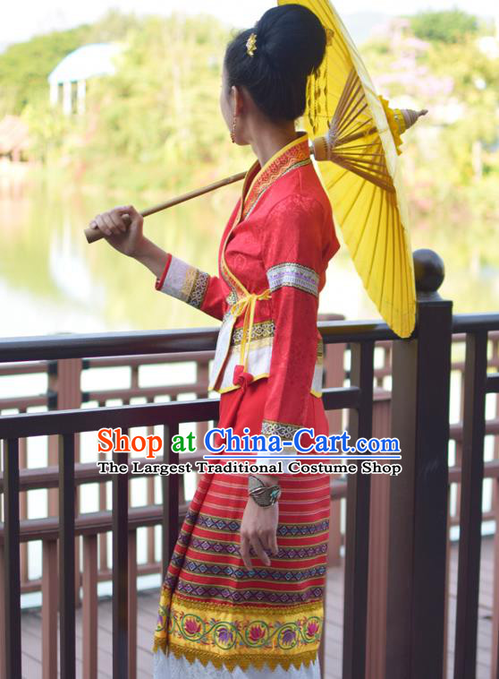 China Yunnan Ethnic Wedding Red Blouse and Skirt Uniforms Dai Nationality Bride Clothing