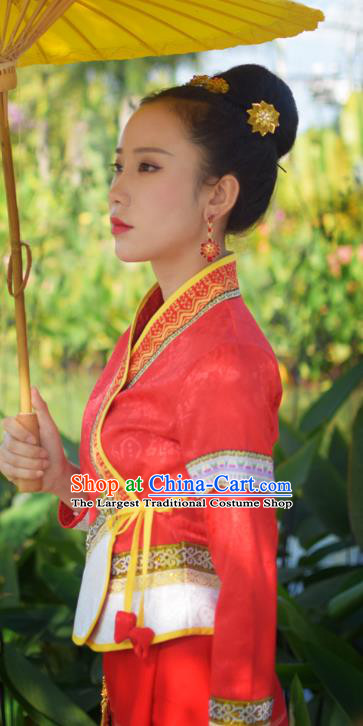 China Yunnan Ethnic Wedding Red Blouse and Skirt Uniforms Dai Nationality Bride Clothing
