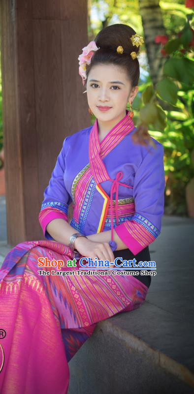 China Yunnan Ethnic Stage Show Purple Blouse and Rosy Skirt Uniforms Dai Nationality Folk Dance Clothing