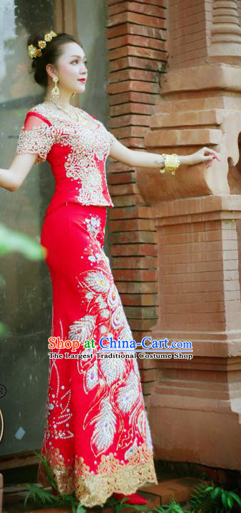 Asian Thai Bride Dress Clothing Traditional Thailand Wedding Embroidery Red Blouse and Skirt Uniforms