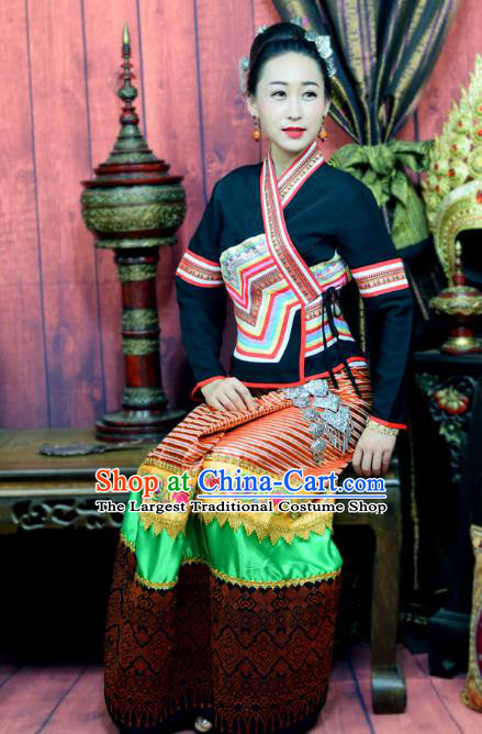 China Yunnan Ethnic Water Splashing Festival Black Blouse and Skirt Uniforms Dai Nationality Female Clothing