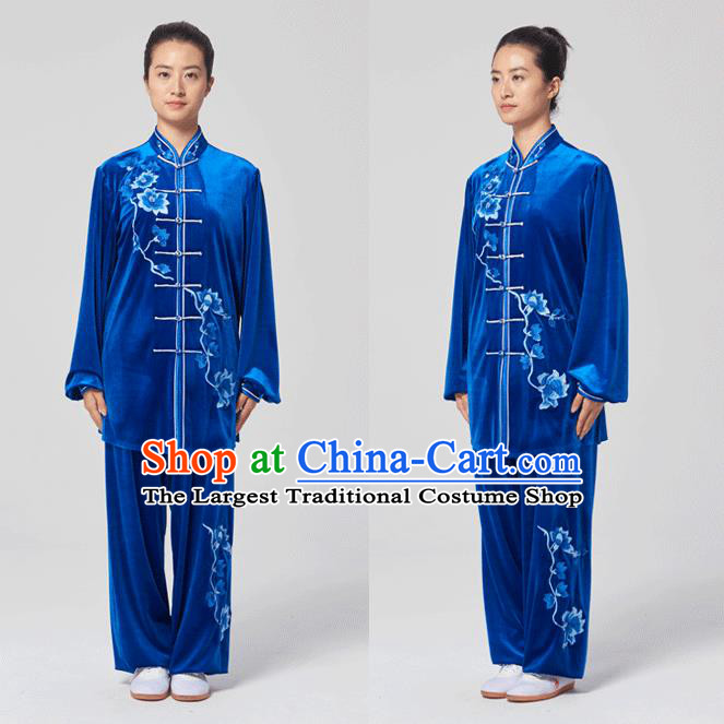 China Tai Chi Kung Fu Costumes Traditional Martial Arts Embroidered Royalblue Velvet Uniforms