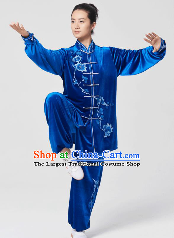 China Tai Chi Kung Fu Costumes Traditional Martial Arts Embroidered Royalblue Velvet Uniforms