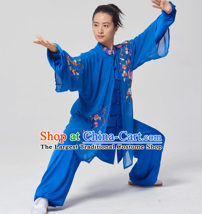 China Tai Chi Three Pieces Costumes Traditional Kung Fu Embroidered Royalblue Uniforms
