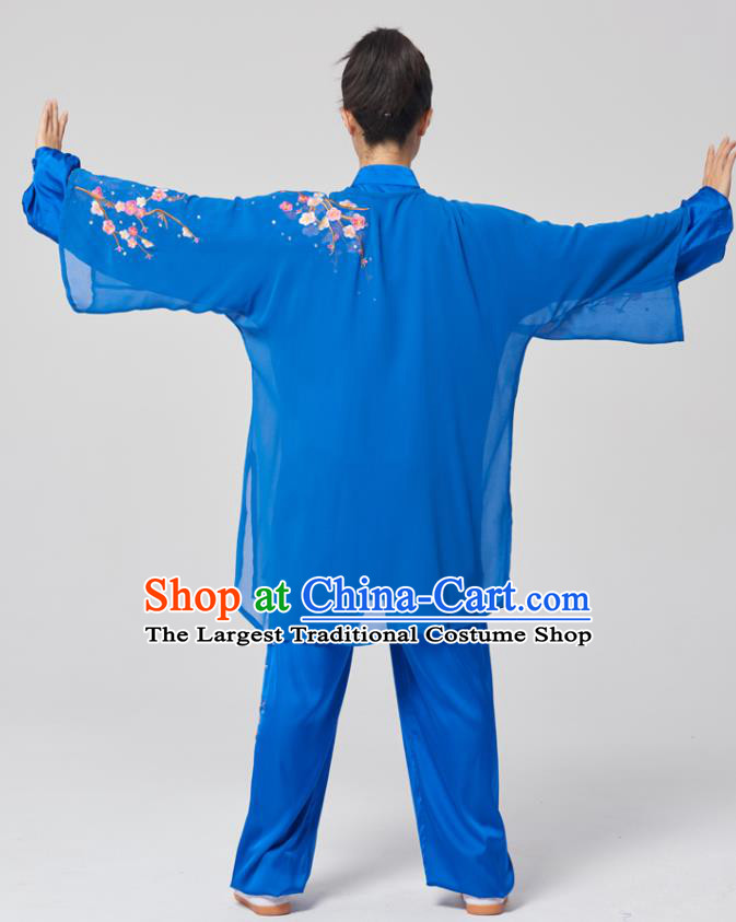 China Tai Chi Three Pieces Costumes Traditional Kung Fu Embroidered Royalblue Uniforms
