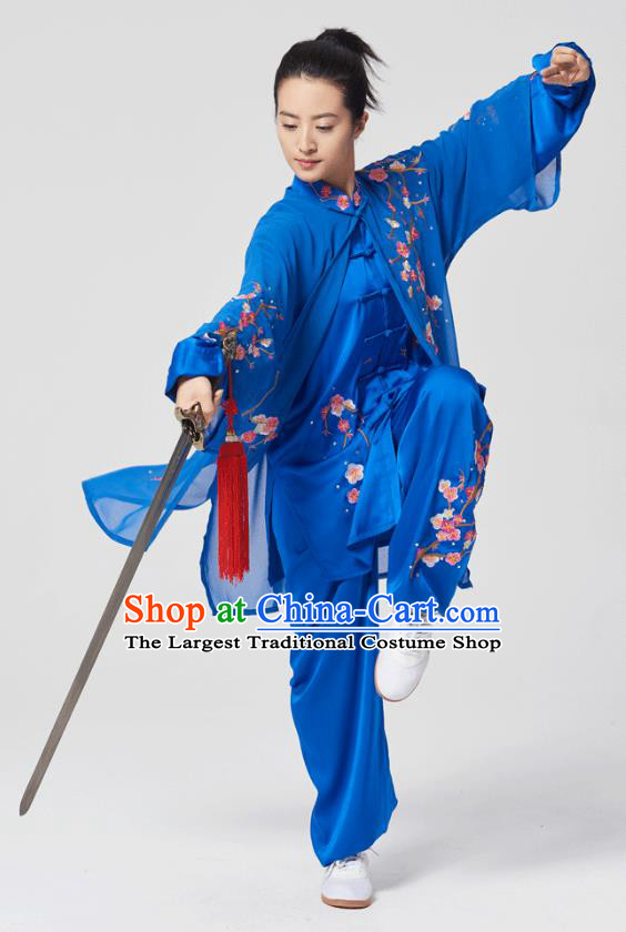 China Traditional Kung Fu Embroidered Phoenix Royalblue Uniforms Tai Chi Three Pieces Costumes