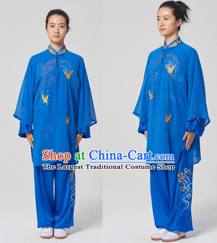 China Traditional Kung Fu Embroidered Phoenix Royalblue Uniforms Tai Chi Three Pieces Costumes