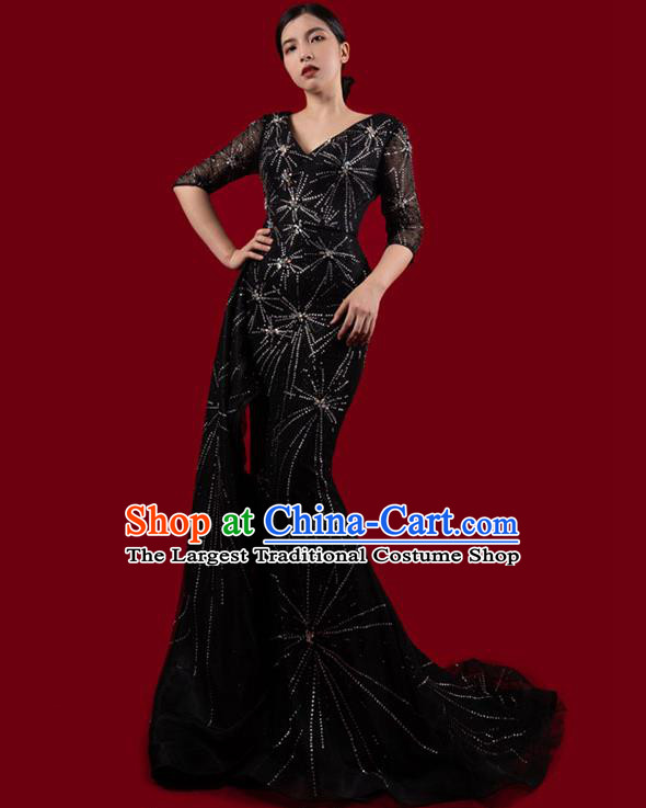 Top Grade Modern Dance Black Drilling Dress Stage Performance Costume Trailing Full Dress