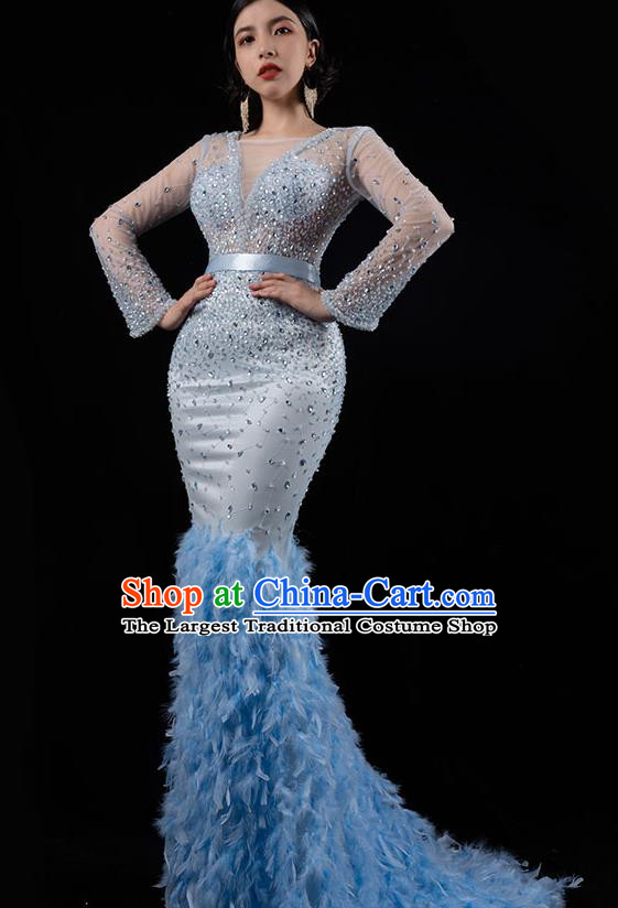 Top Grade Compere Stage Performance Dress Costume Catwalks Blue Feather Trailing Dress