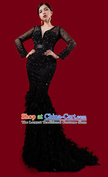 Top Grade Stage Performance Costume Compere Full Dress Catwalks Black Feather Trailing Dress